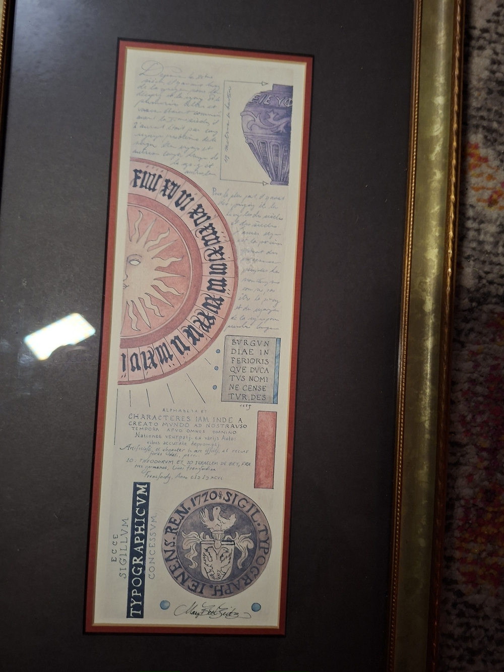 Framed Sun Dial and Typography Art Print - Brown & Red Accent
